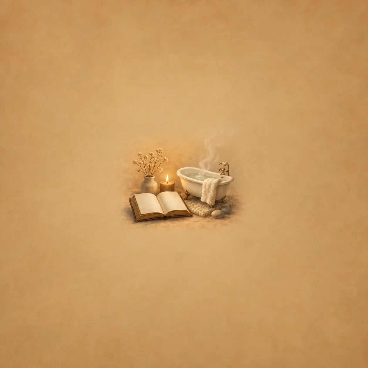 Painterly open blank book beside a miniature steaming bathtub, folded towels and a small candle.
