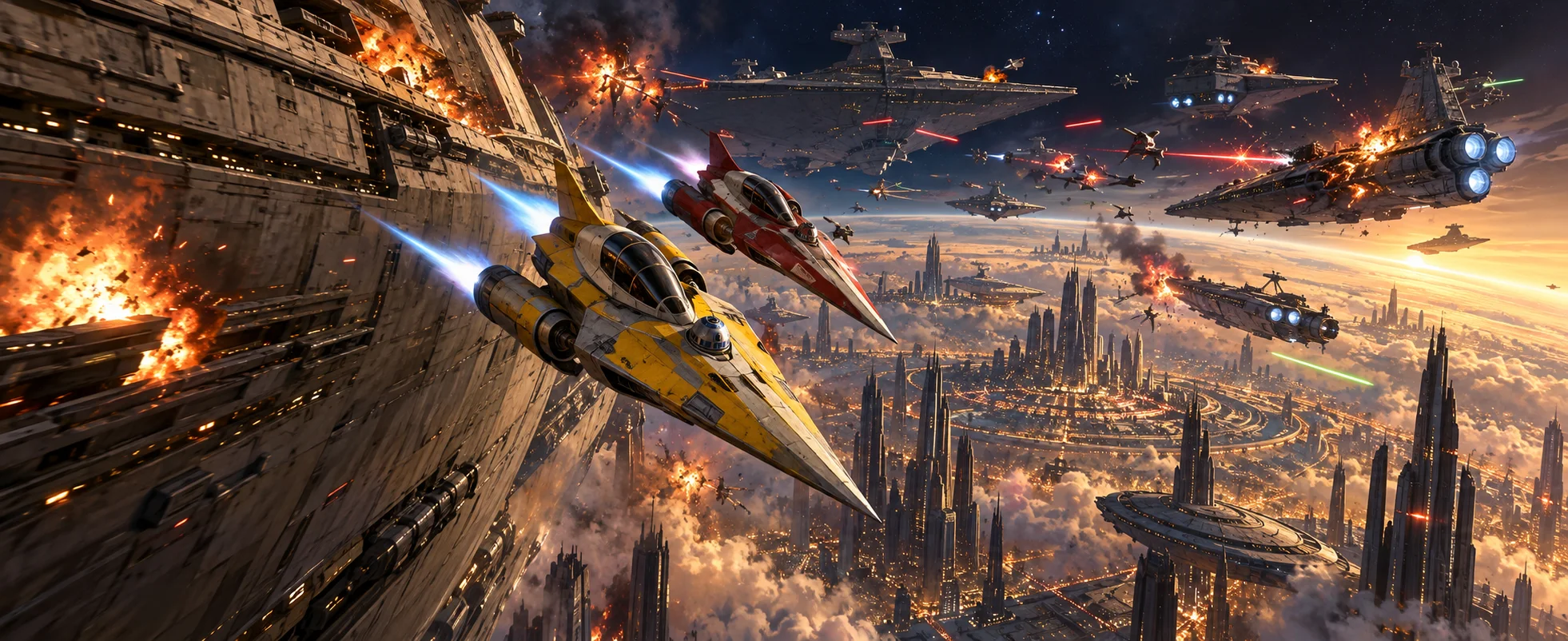 Two small starfighters, one yellow and one red, dive past a huge warship into a vast space battle over a glowing city-planet.