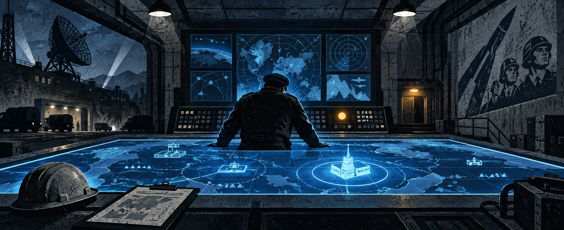 A commander leans over a glowing blue map table in a bunker command centre.