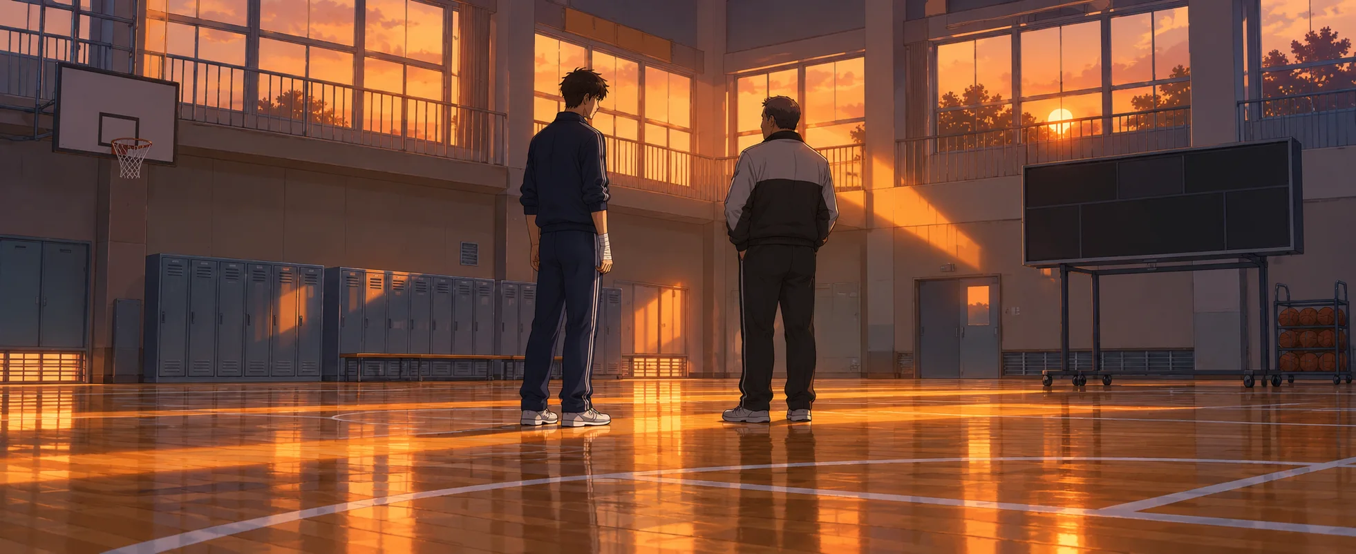 A teenage boy and an older coach stand in an empty school gym glowing with sunset light.