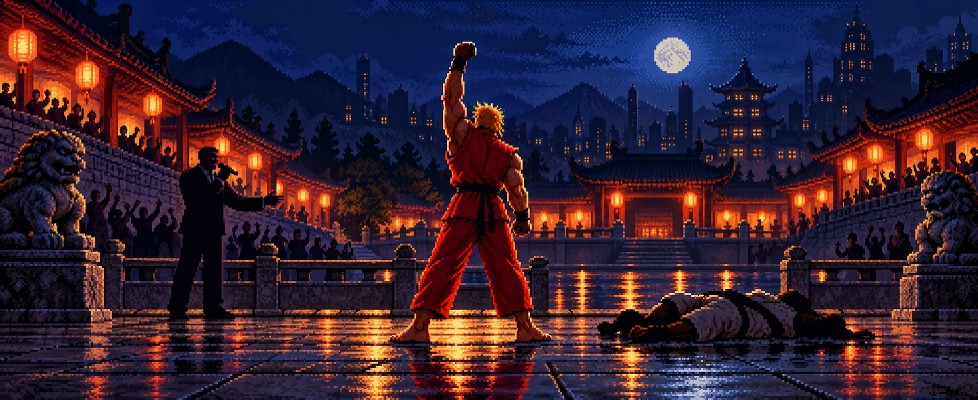 A blond fighter in a red gi raises a victorious fist under a full moon while his opponent lies flat on the stone courtyard.