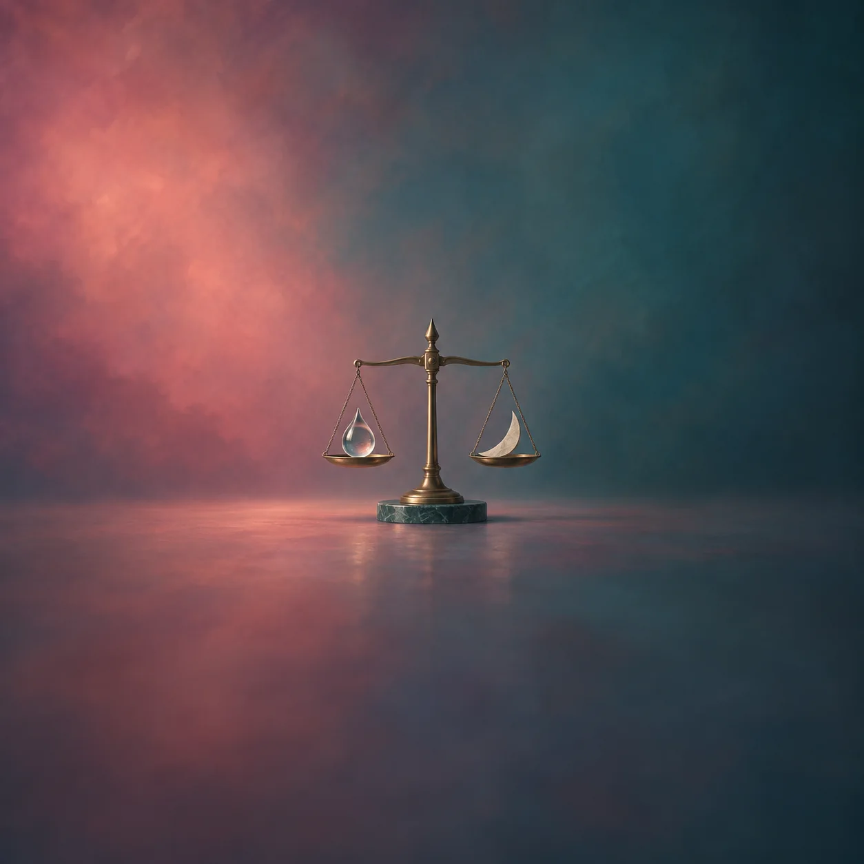A brass balance scale holds a clear glass droplet in one pan and a pale paper crescent in the other.