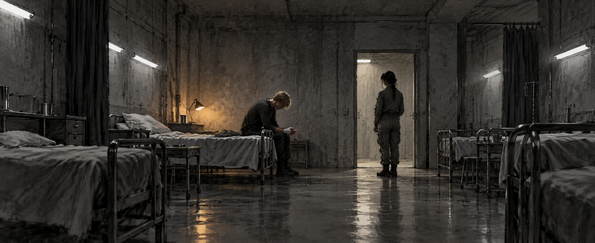 A fair-haired young man sits hunched on a bed in a bare concrete hospital ward while a young woman in grey fatigues watches from the doorway.