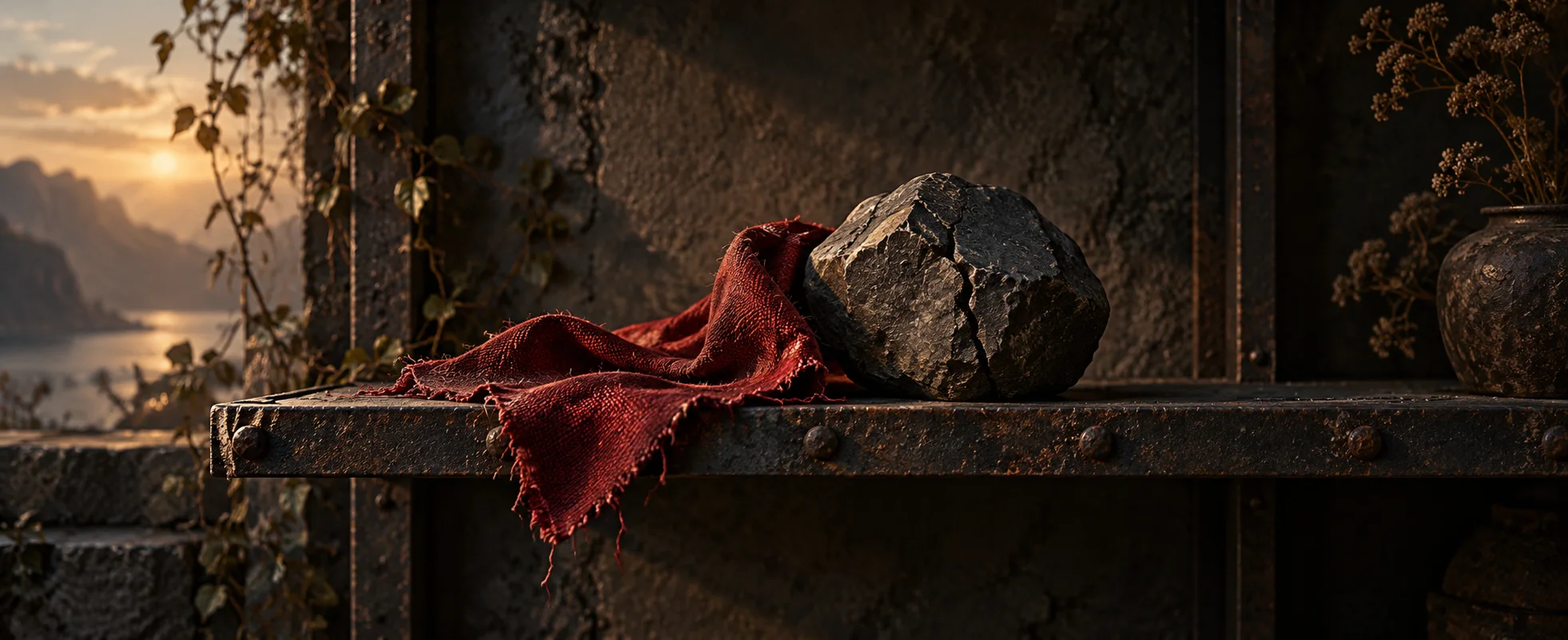 A torn strip of deep red cloth lies beside a cracked dark stone on a stone ledge.