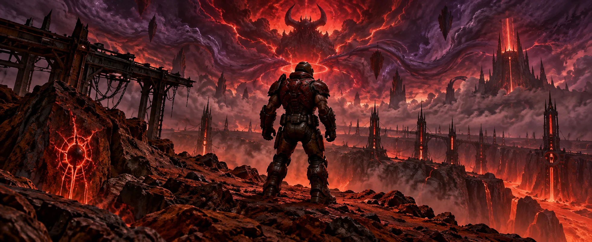 A heavily armoured marine stands on a scorched red ridge facing a burning hellish city under a demonic sky.