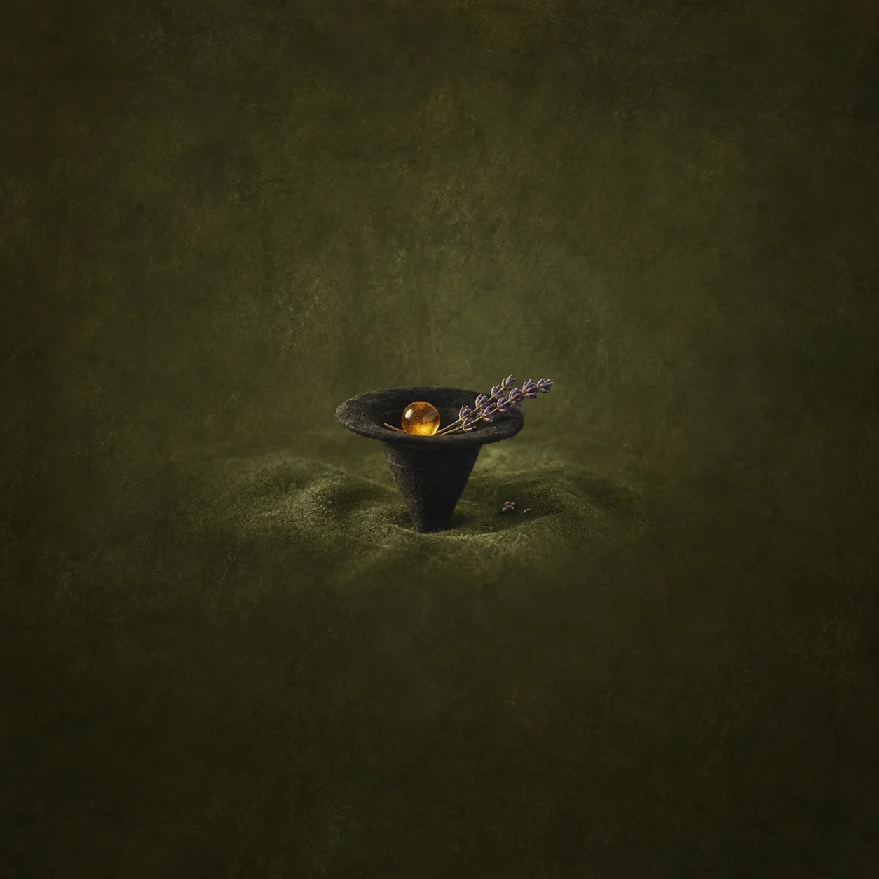 An upturned black pointed hat holds an amber-coloured marble and a sprig of lavender on dark-green fabric.