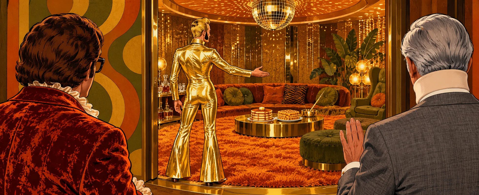 A 1975 gold-and-orange lounge behind a swung-open wall: a man in a gold lame jumpsuit welcomes his guests toward a table of pancakes and waffles, watched from behind by a man in a red velvet suit and a silver-haired gentleman in a neck brace raising a hand in refusal.