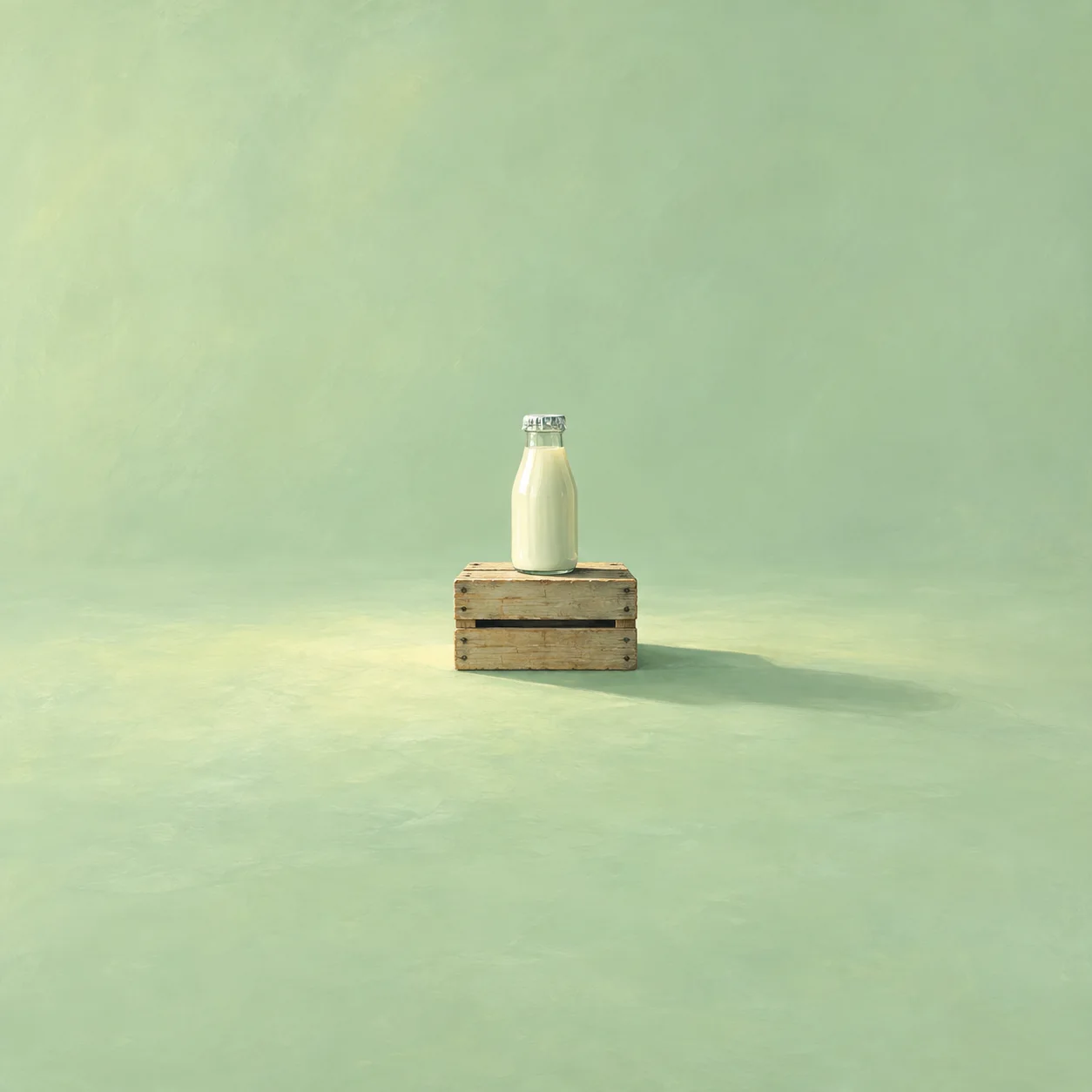A capped glass milk bottle standing on a small wooden crate against a mint-green background.