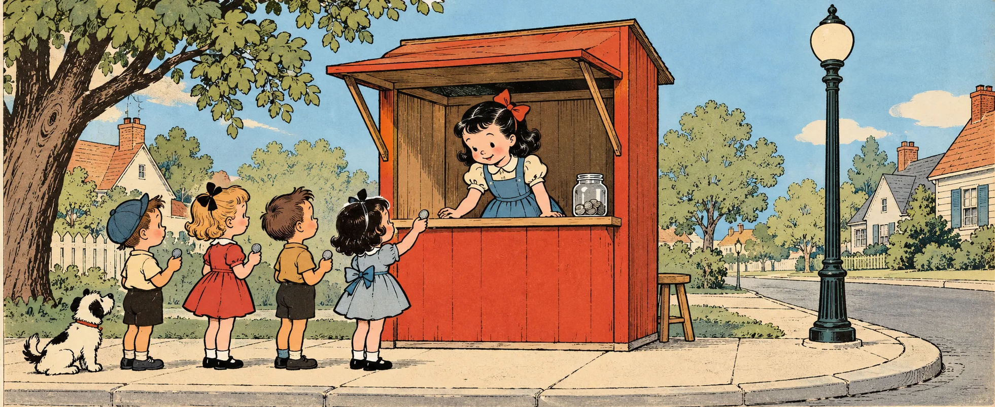 A girl leans out of a red wooden booth as a queue of children waits on a suburban sidewalk.
