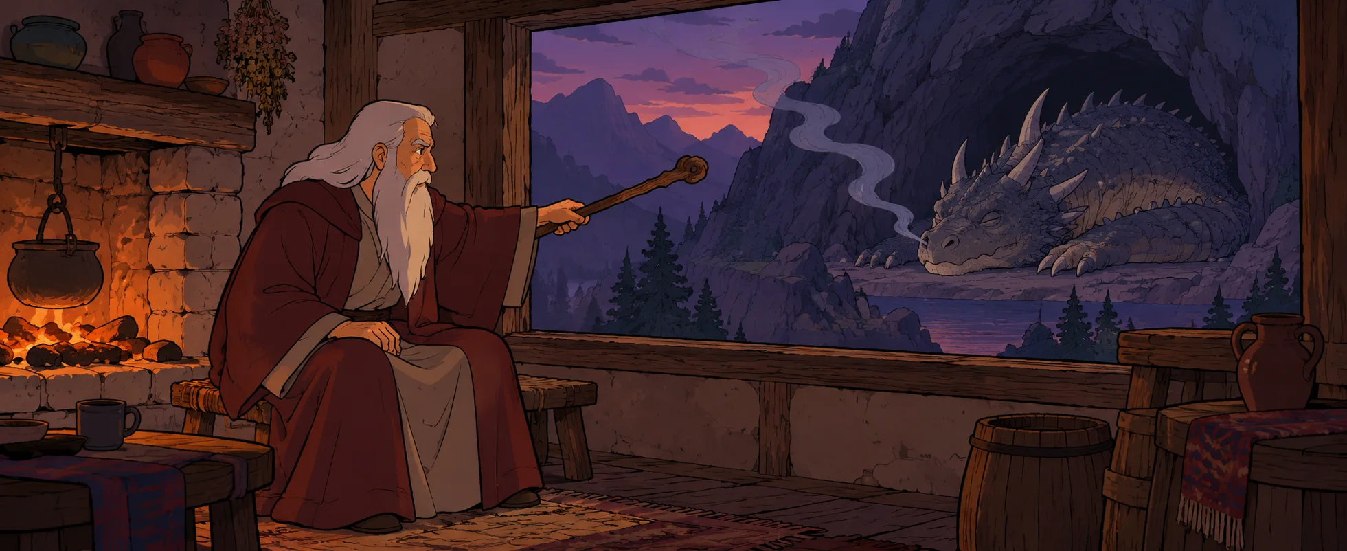 An old bearded man by a fire points his staff at a window showing a dragon asleep in a smoky cave.