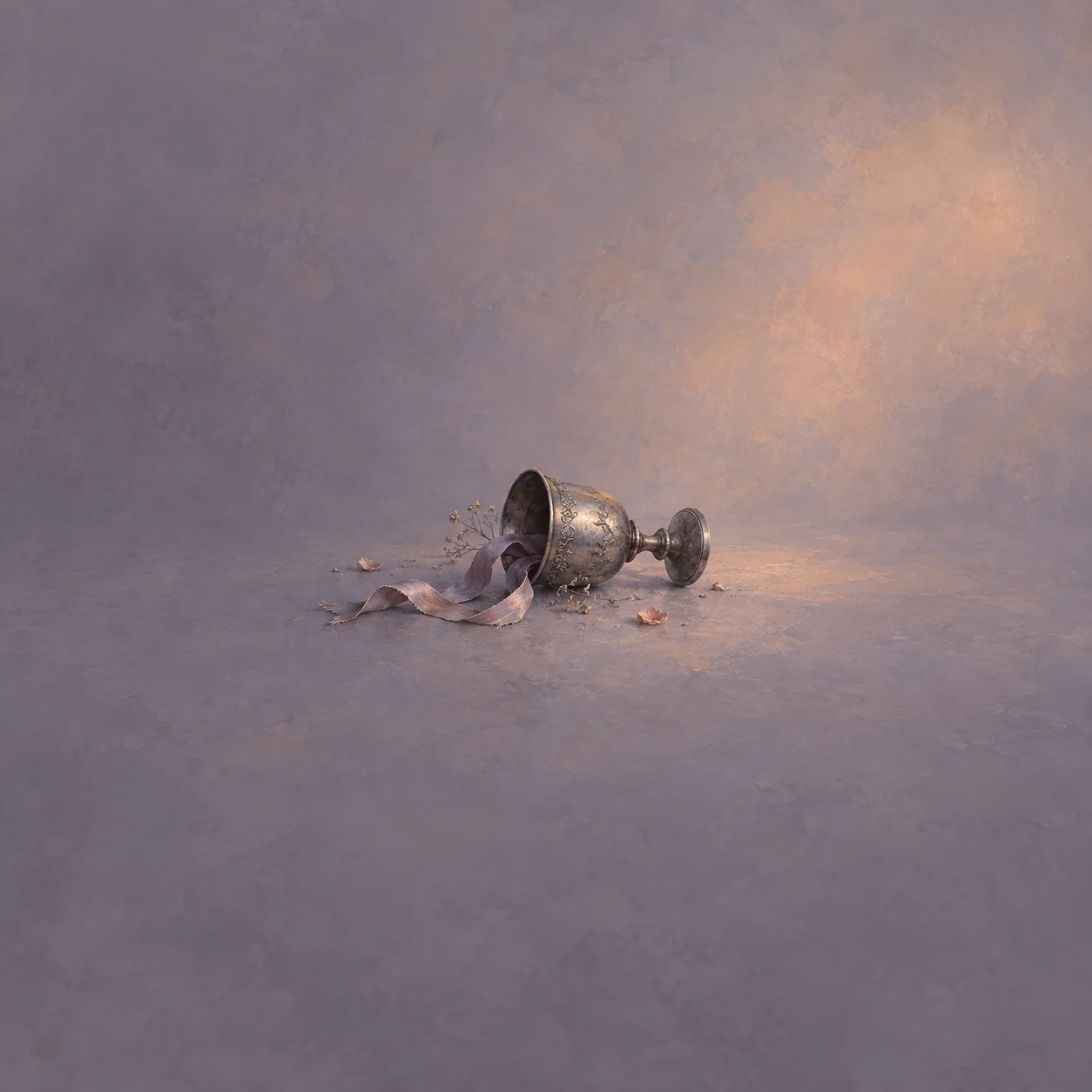 A tarnished silver goblet lying on its side with a faded ribbon on a violet-gray background.