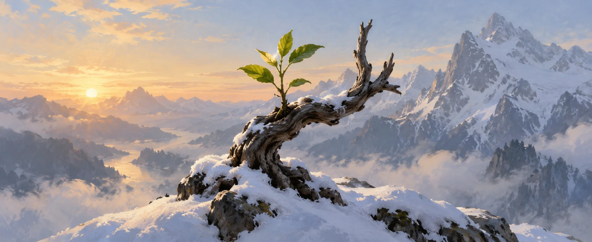 A dark twisted branch supports a fresh green shoot on a snow-covered mountain ledge.