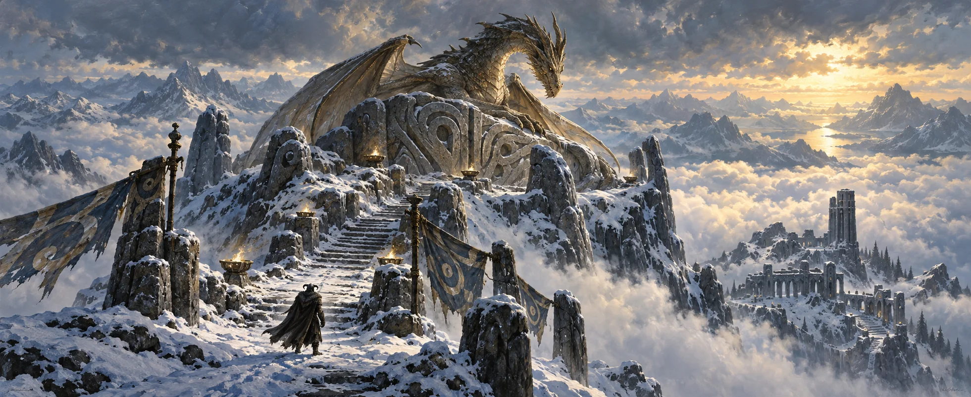 An old grey dragon perches on a carved stone wall at a snowy mountain summit above the clouds as a cloaked figure climbs the steps.