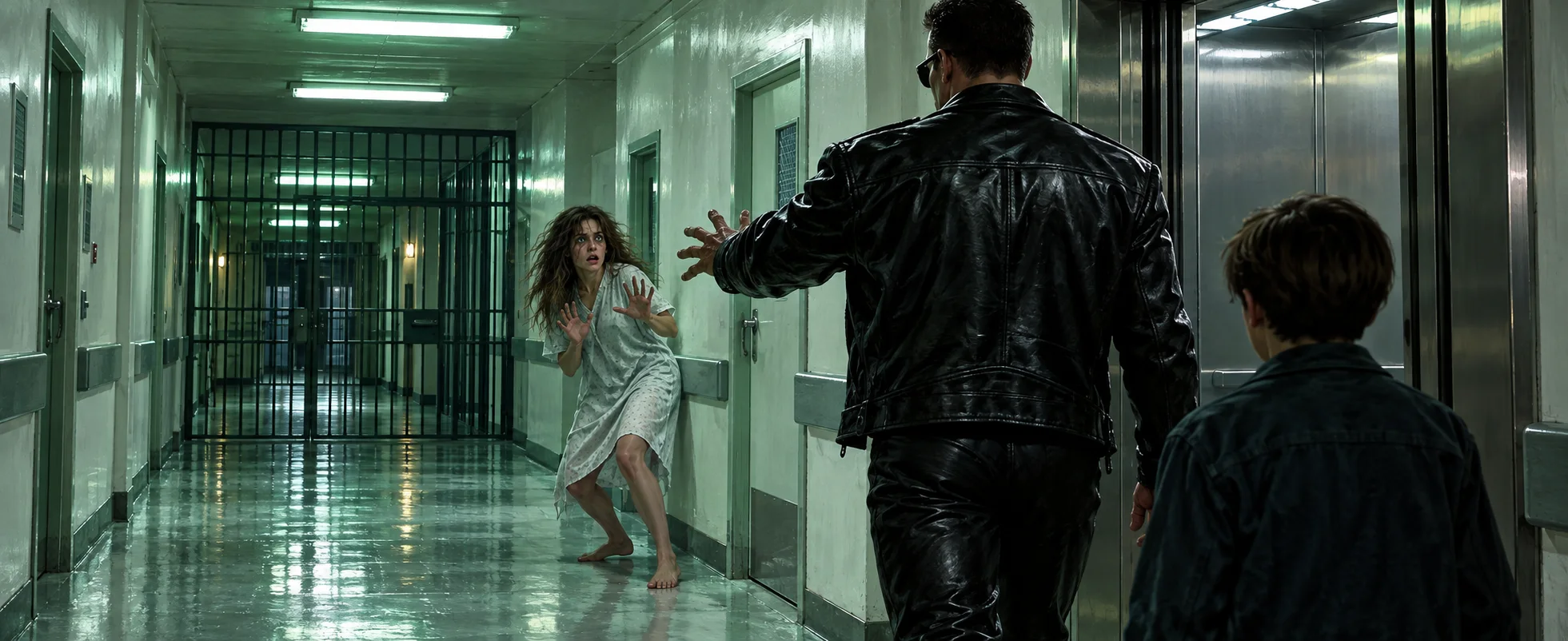 A big man in a leather jacket, seen from behind, holds out his hand to a terrified woman in a hospital gown in a stark hospital corridor.