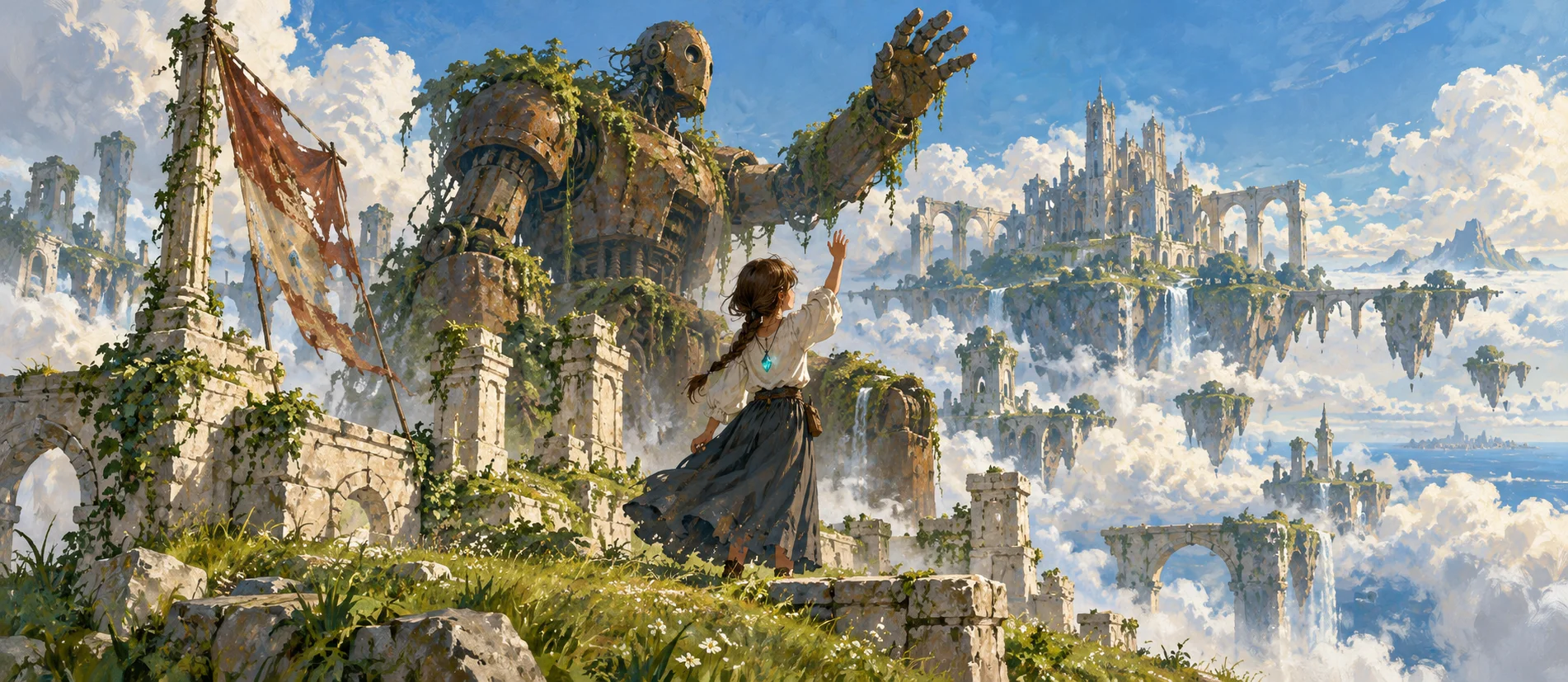 A girl in a long skirt stands on a mossy ruin among floating sky islands, an overgrown giant robot beside her.
