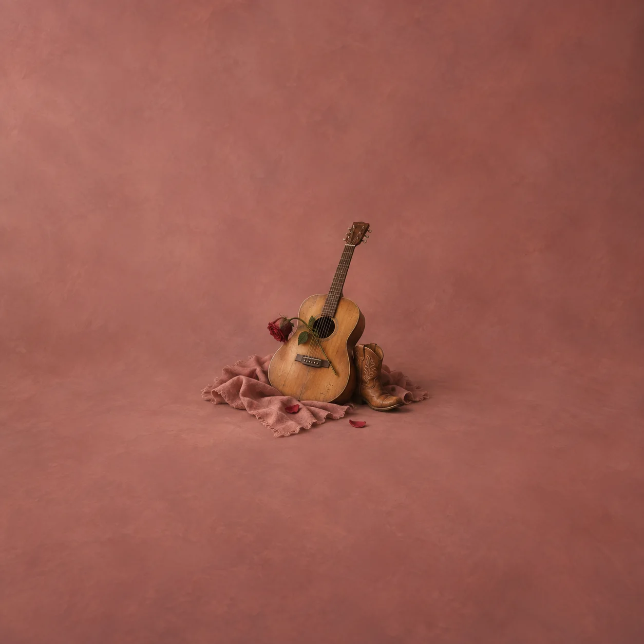 A small acoustic guitar with a wilting red rose under its strings and a tiny boot beside it.