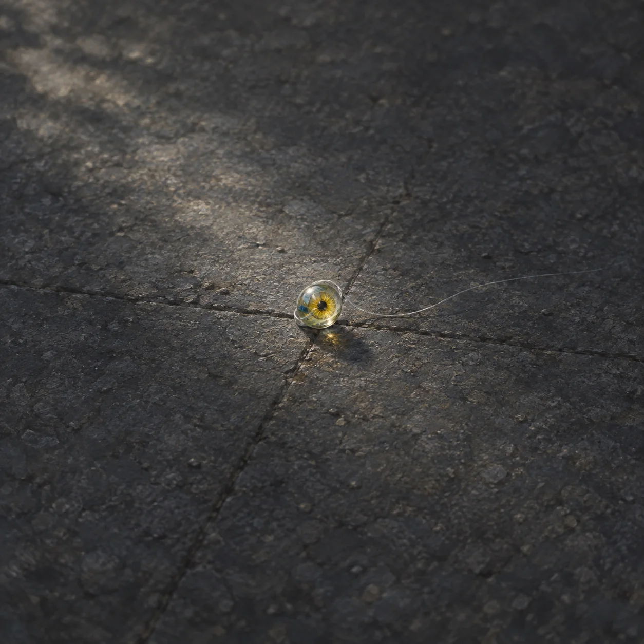 A glass marble with an eye-like center resting on dark cracked paving.