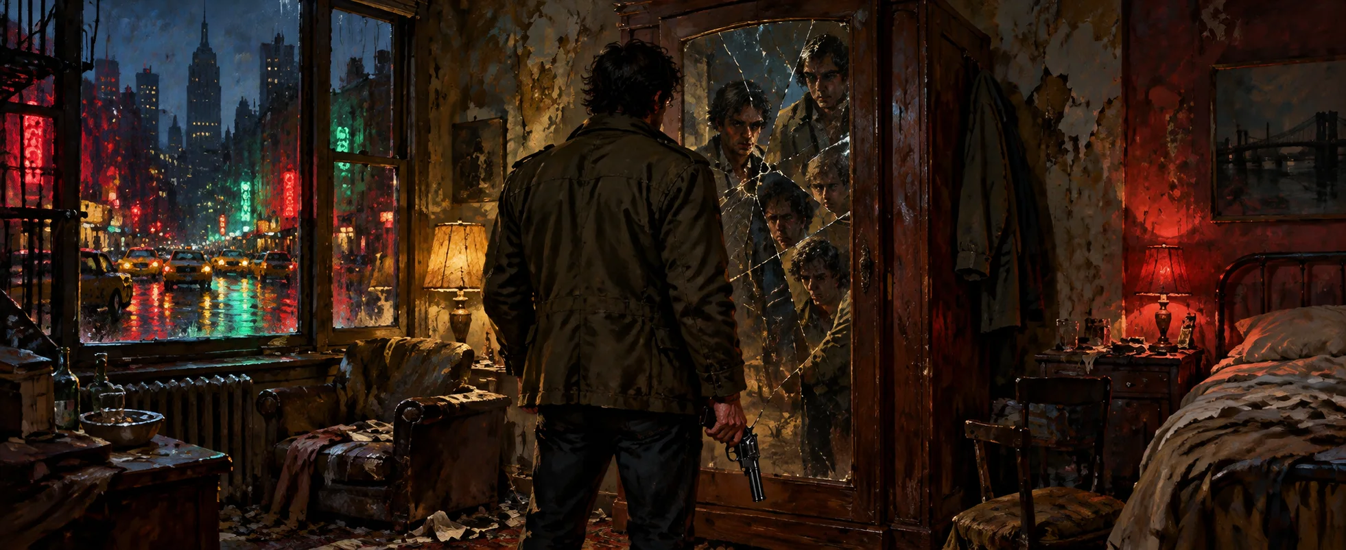 A man in an army jacket faces a standing mirror in a shabby apartment at night, his reflection repeated in the glass.