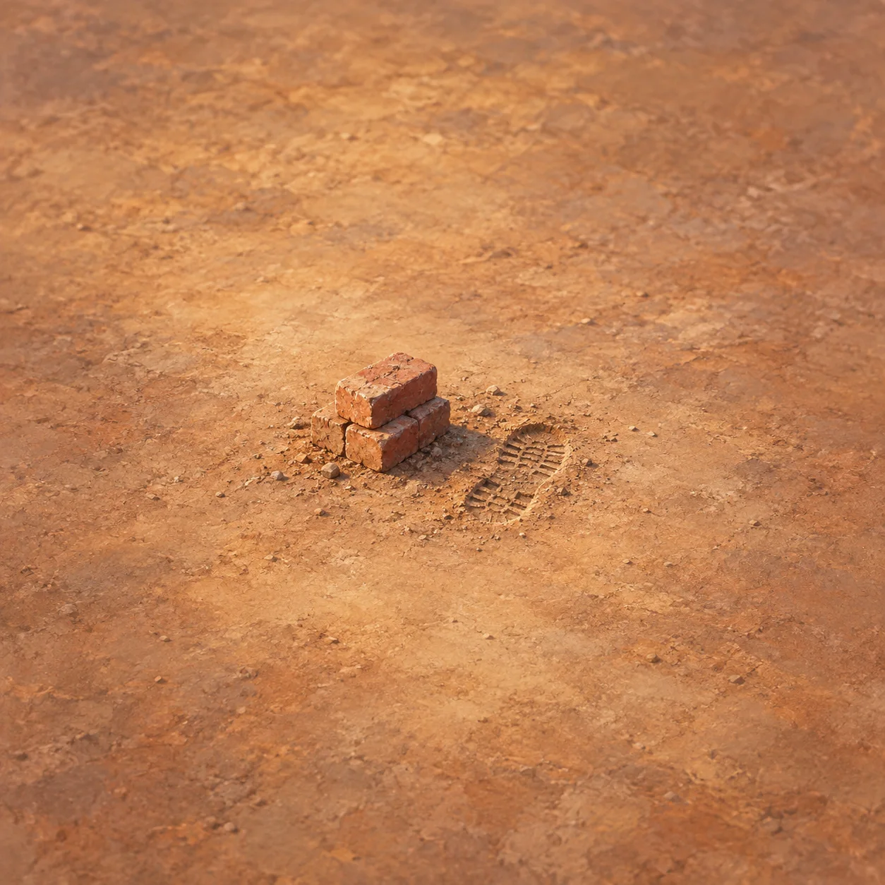 Painterly two clay bricks beside a boot print in dusty orange ground.