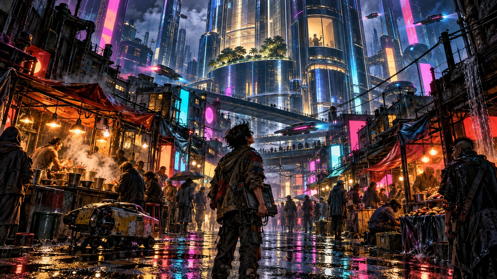 A figure stands in a rain-slick night market beneath a soaring glass arcology tower lit with neon in a cyberpunk megacity.