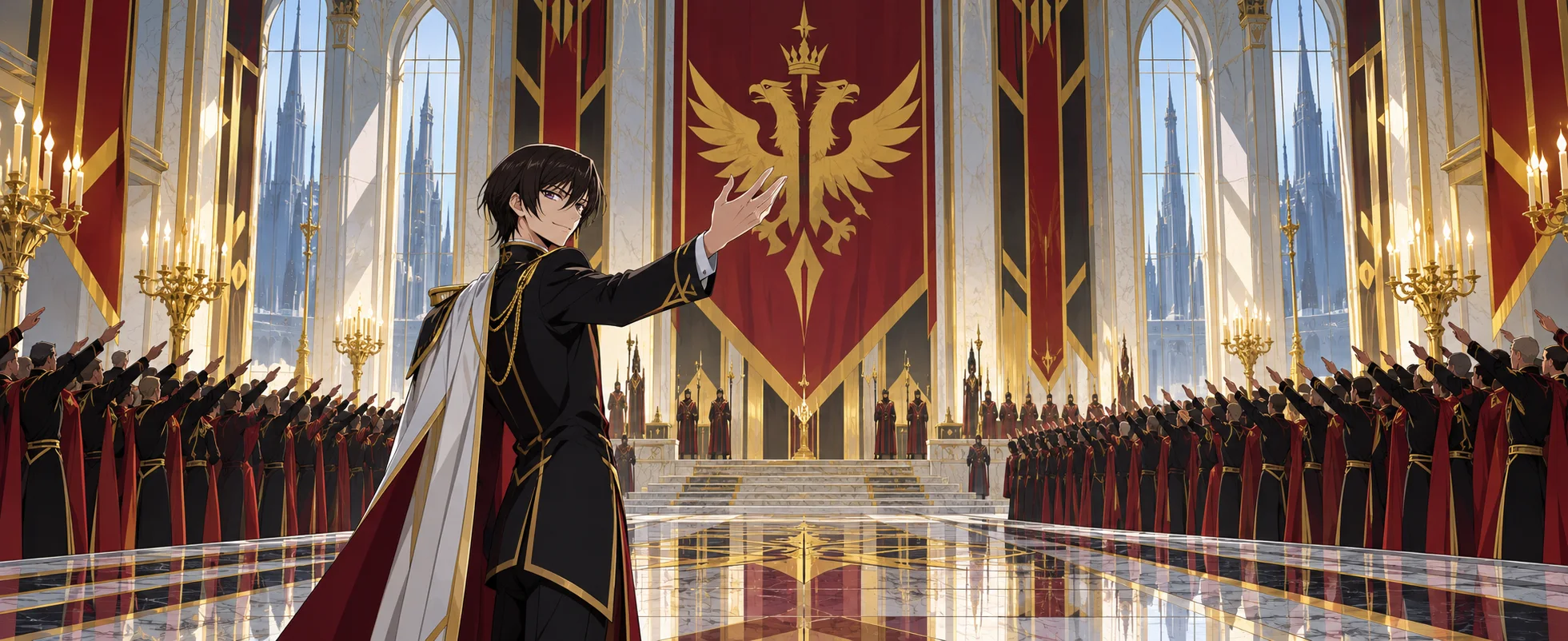 A young prince in a black uniform and white-lined cape raises a hand before ranks of saluting soldiers in a grand hall.