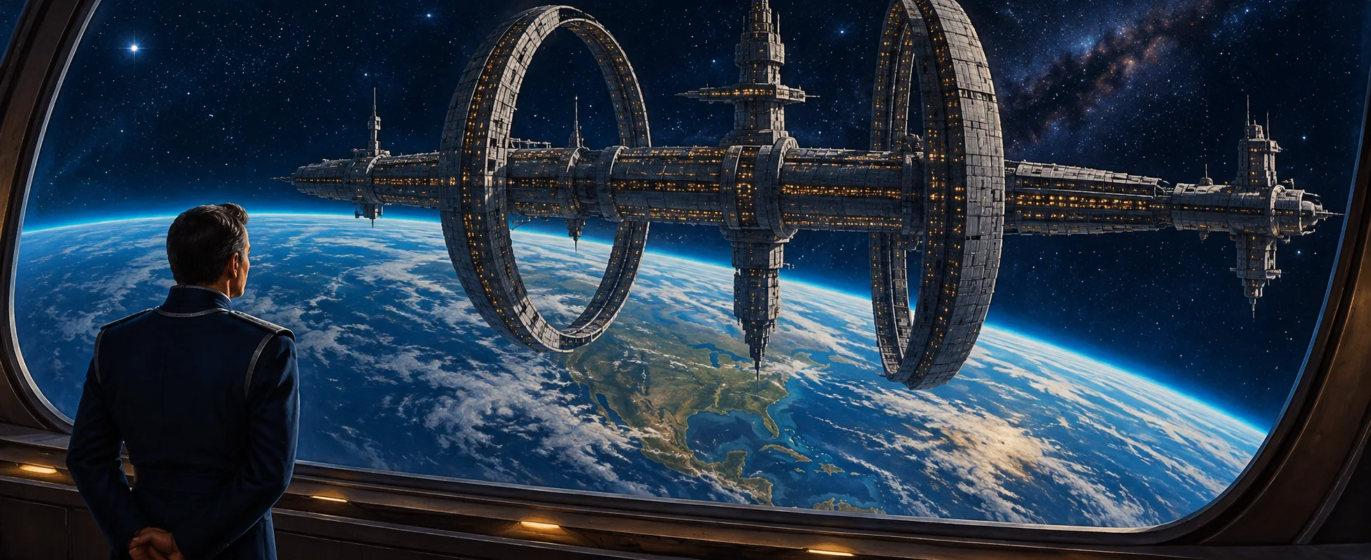 An officer in a dark uniform stands at an observation window watching a long rotating space station hang above a blue-green planet.