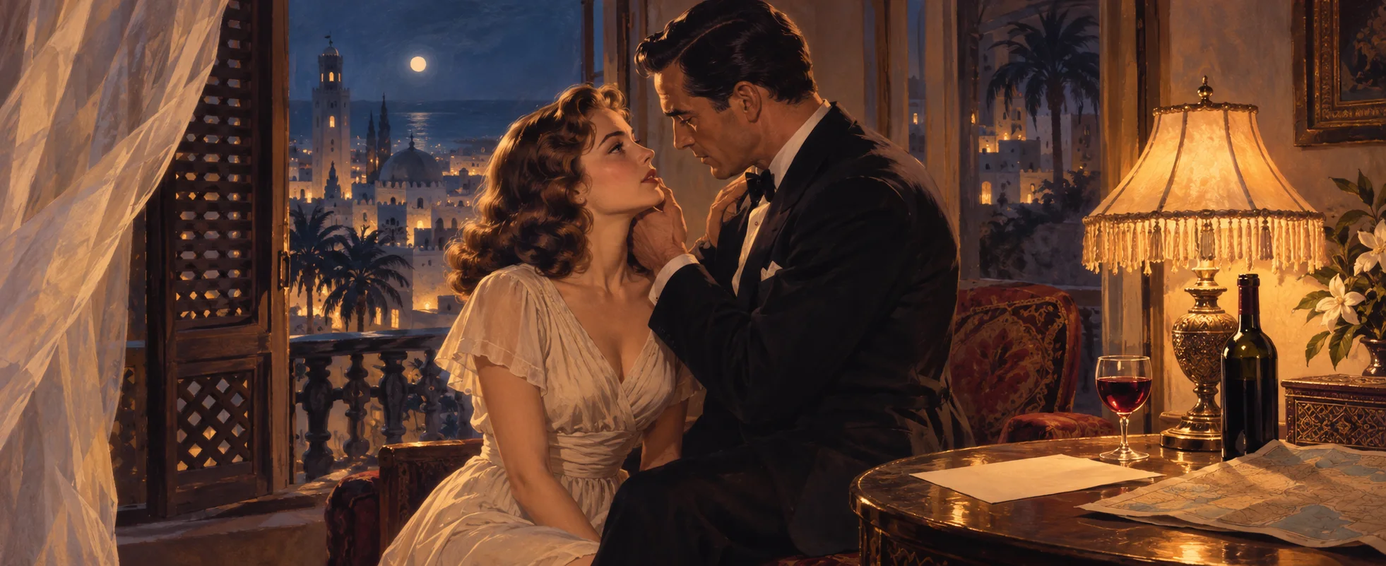 A woman and a man in a tuxedo share a close moment in a lamplit room above a moonlit city.