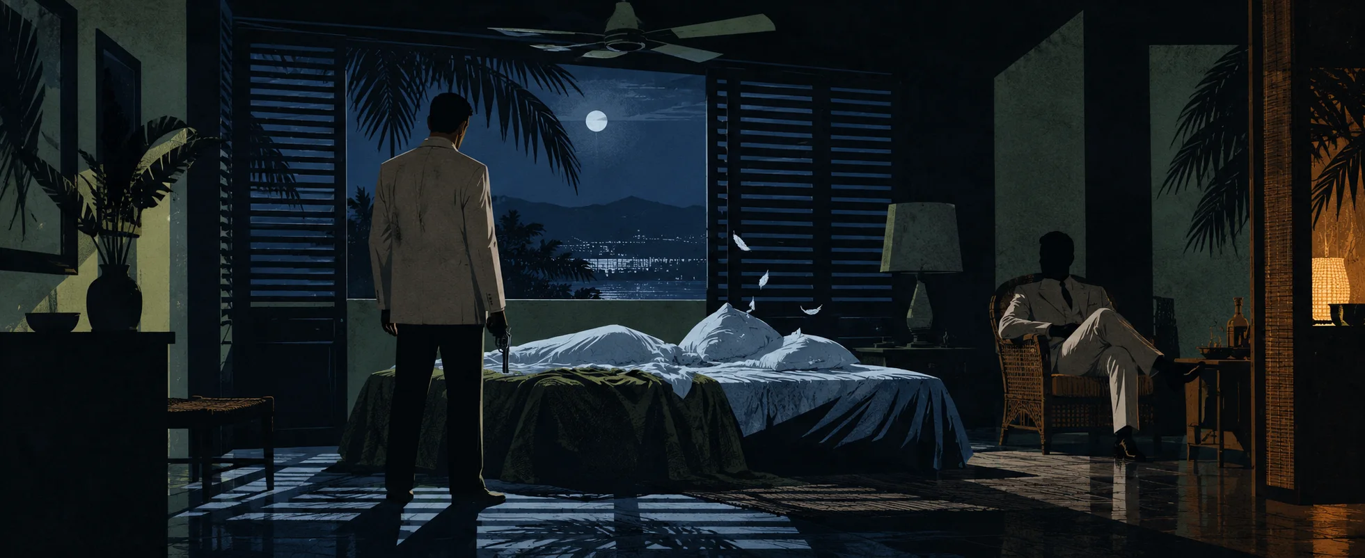 In a moonlit Jamaican bungalow, feathers drift over a bed of shot-up pillows while a man with an empty revolver stands frozen and Bond sits calmly in a cane chair in the shadows.