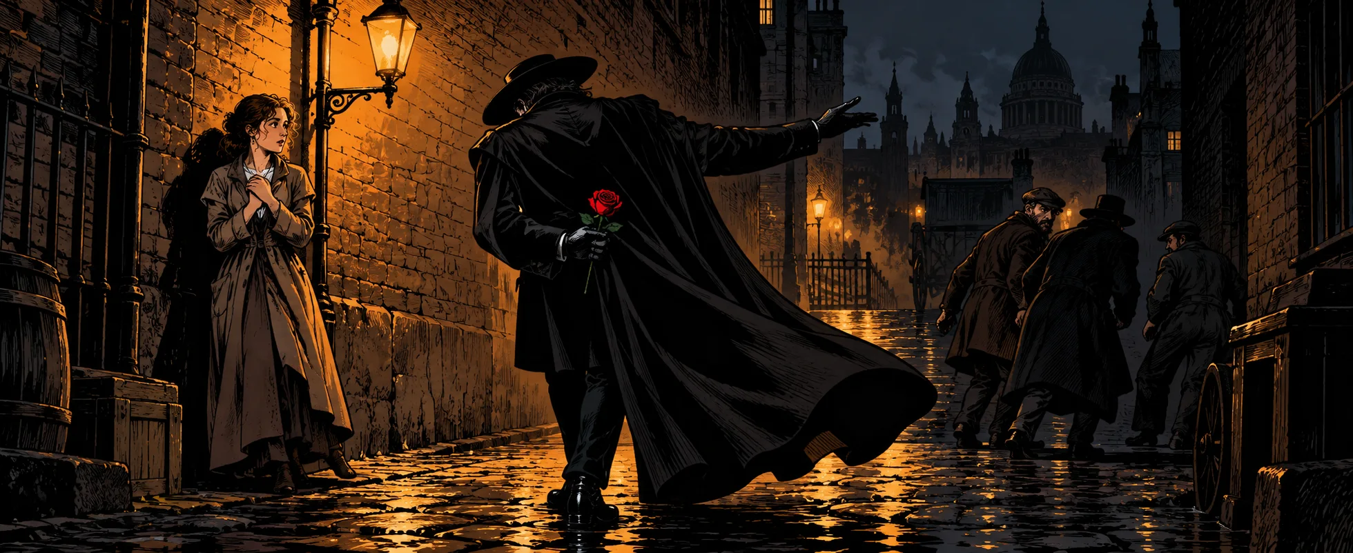 A cloaked man in a wide-brimmed hat sweeps into a theatrical bow with a red rose in a lamplit London alley as a young woman watches and shadowy men retreat.