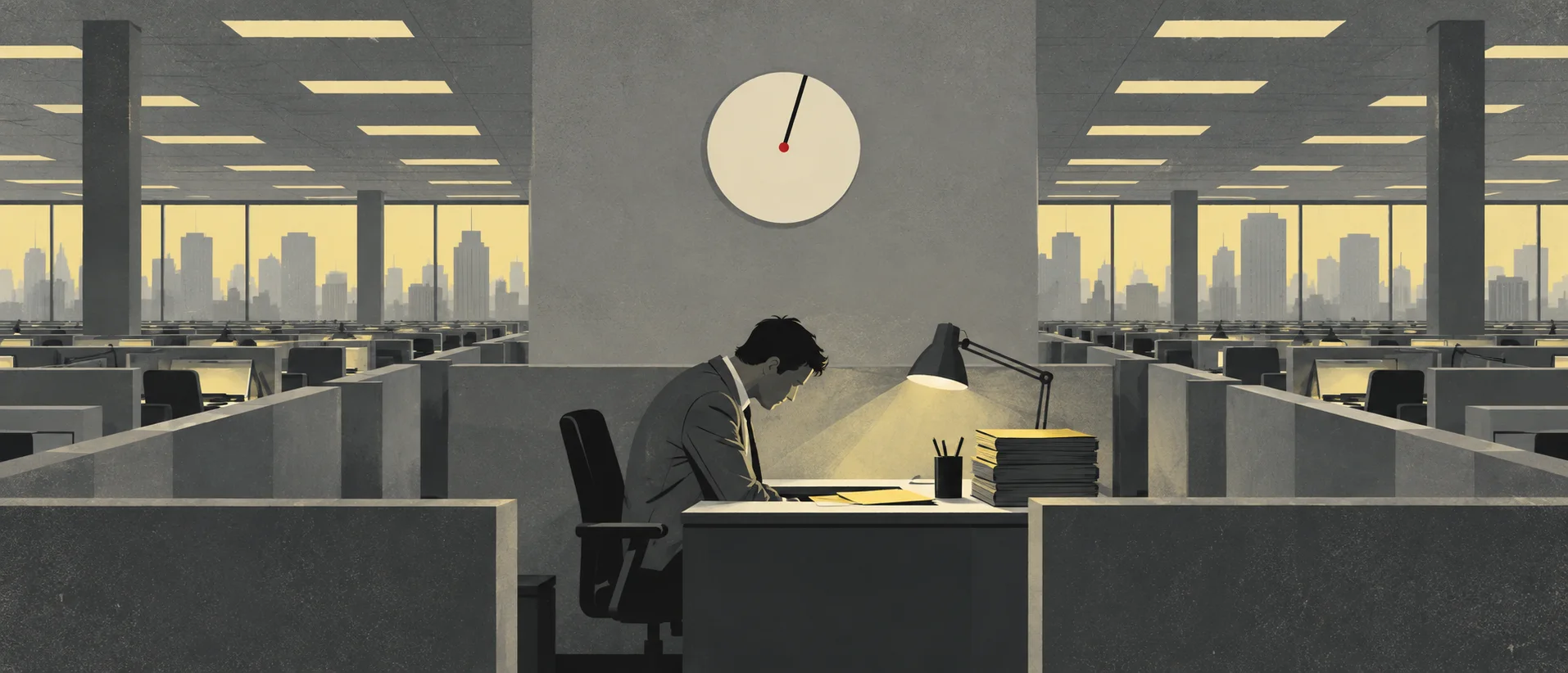 A man in a grey suit slumps at a desk in an endless grey cubicle office under a wall clock.
