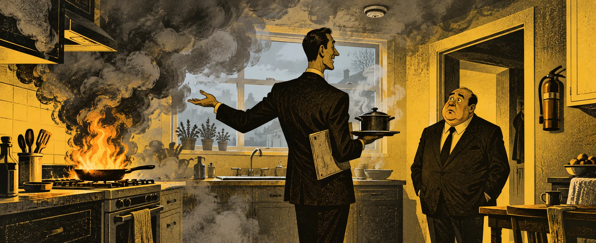 A tall man in a suit gestures expansively in a smoke-filled kitchen with a pan on fire behind him, while a stout, bald man in a suit eyes him sceptically from the doorway.