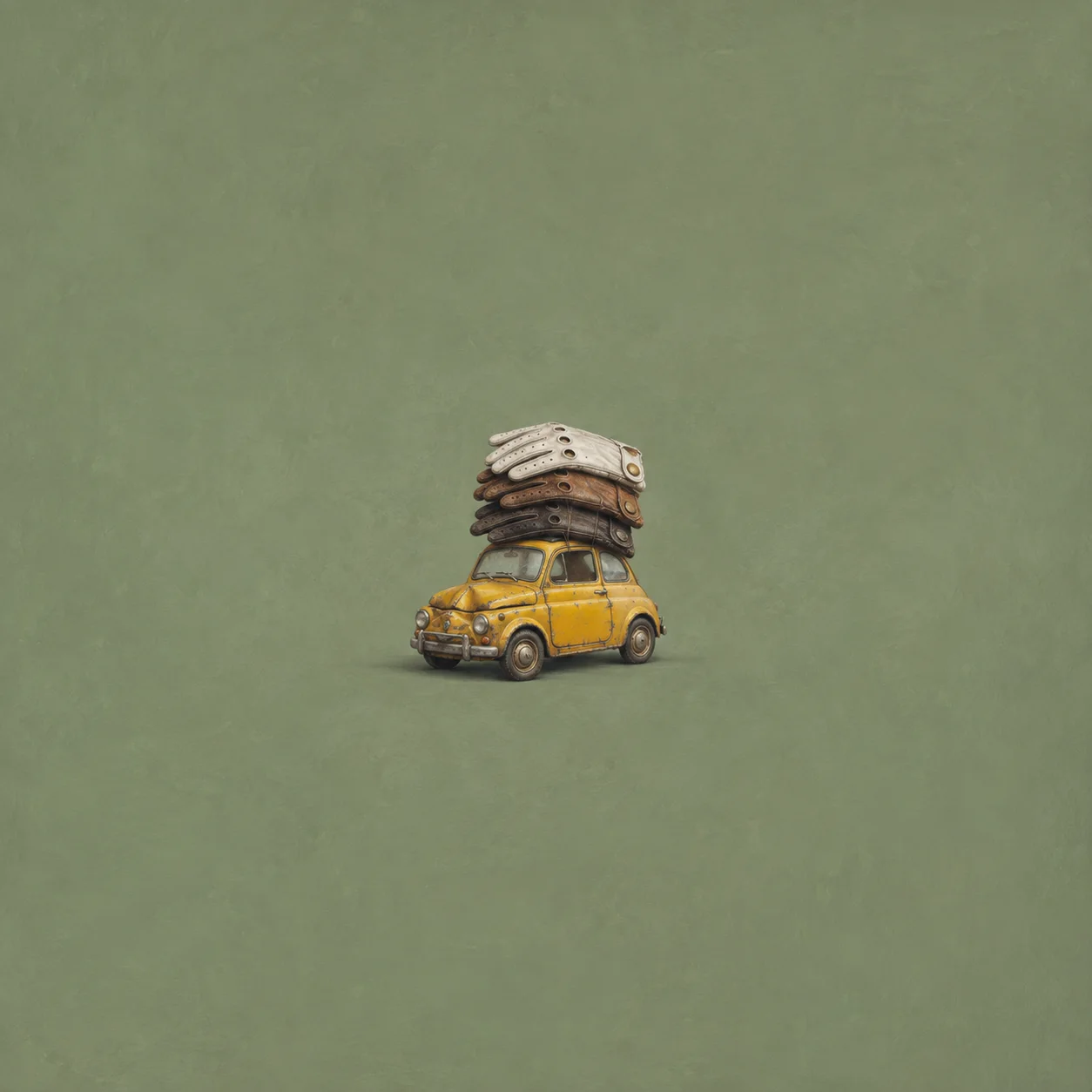 A battered yellow toy car carries a stack of pale and worn dark gloves on its roof against sage green.