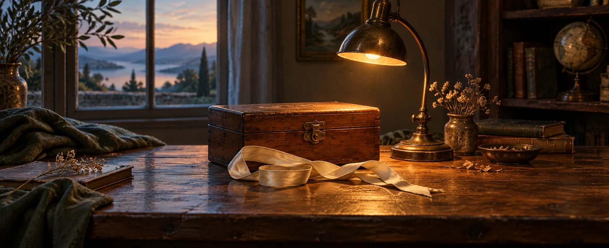 A worn cream training ribbon lies beside a closed wooden box beneath a single amber lamp.