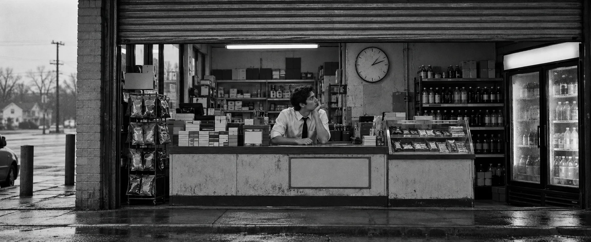 A young clerk in a shirt and tie leans glumly on the counter of a small convenience store, drawn in black and white.
