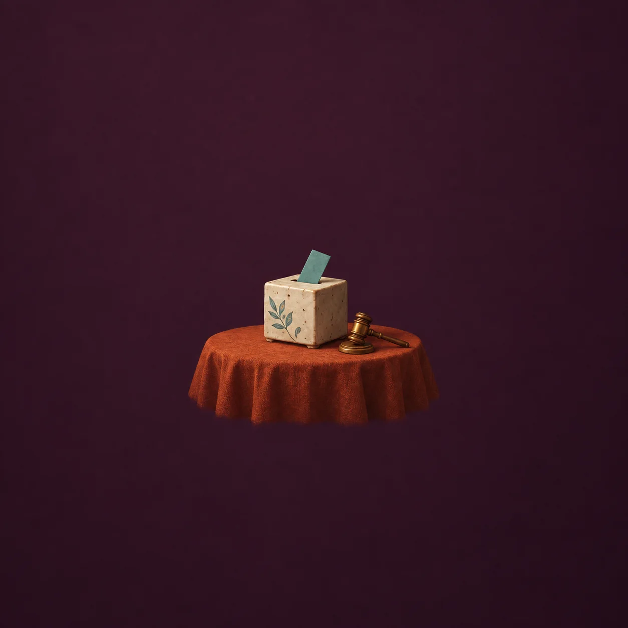 A small ceramic ballot box with a teal paper slip in its slot and a tiny brass gavel on a rust-orange cloth.