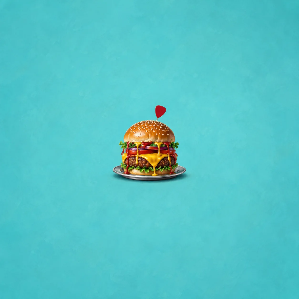 A tall hamburger on a small silver plate with a red guitar pick above the bun against a turquoise background.