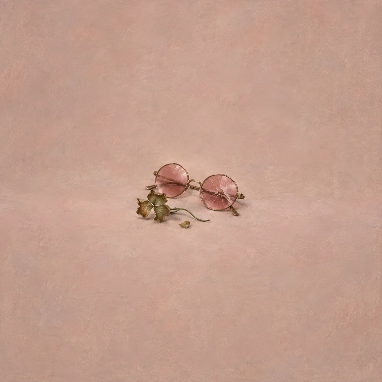 Painterly cracked rose-tinted glasses beside wilted clover on muted pink.