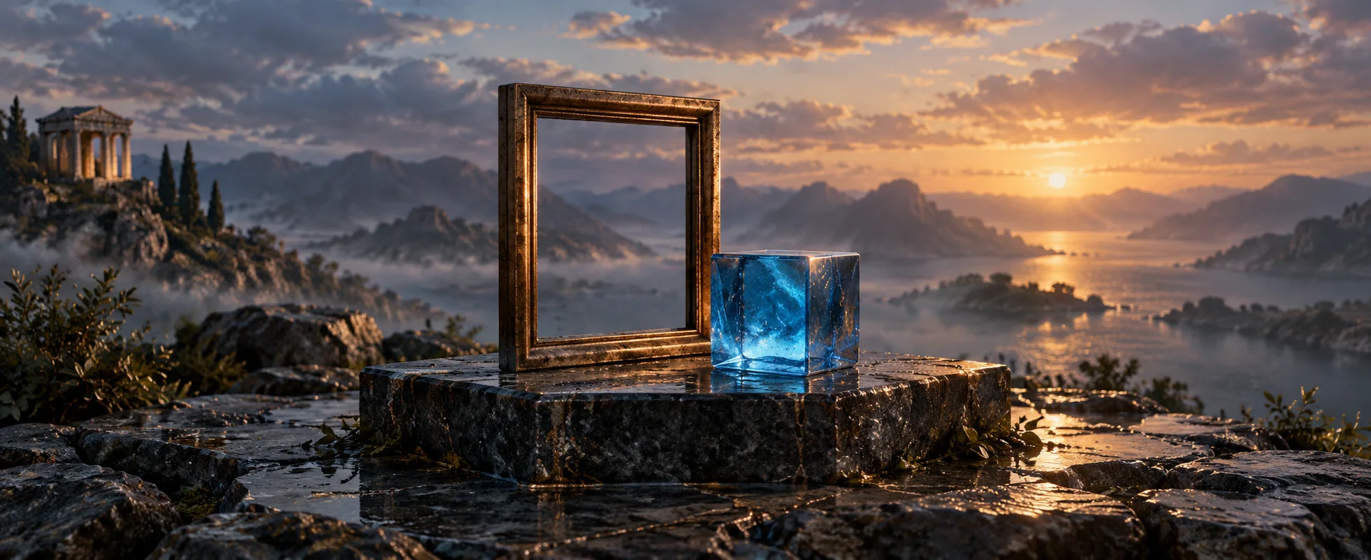 An open bronze frame stands beside a small luminous blue glass cube on a dark stone platform.