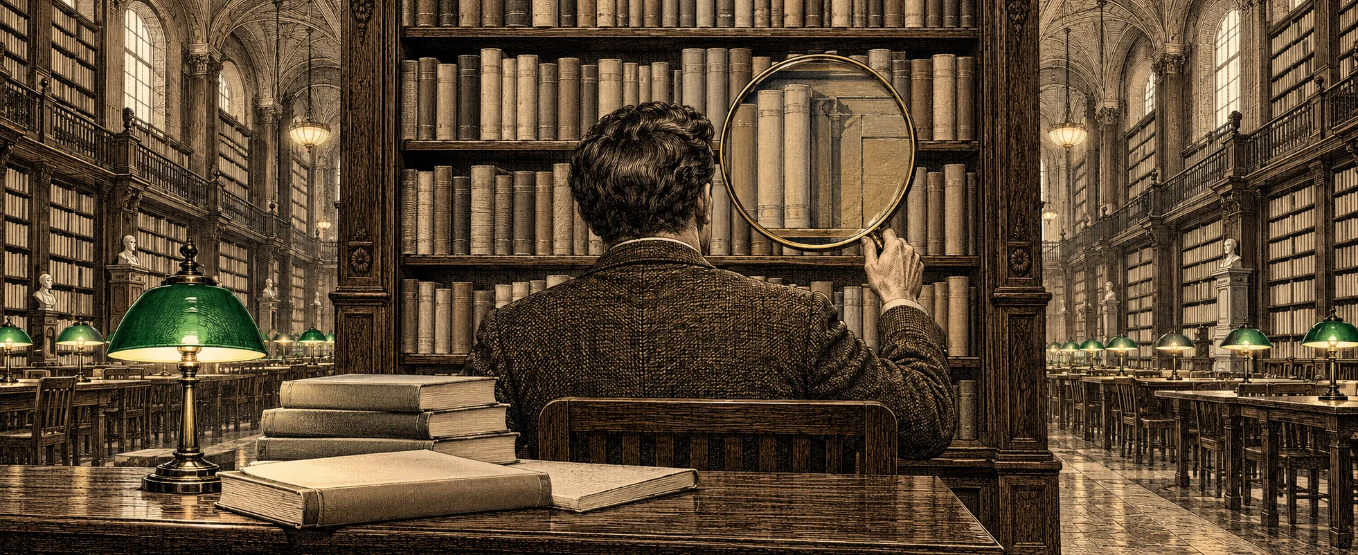 A man seen from behind examines library shelves through a large magnifying glass in a grand, green-lamped reading room.
