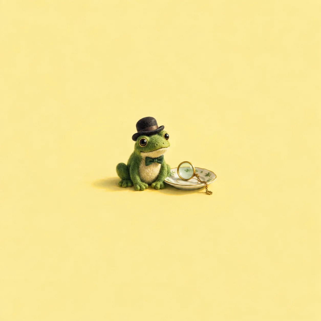 A green felt frog wearing a black bowler hat sits beside a monocle on a small saucer.