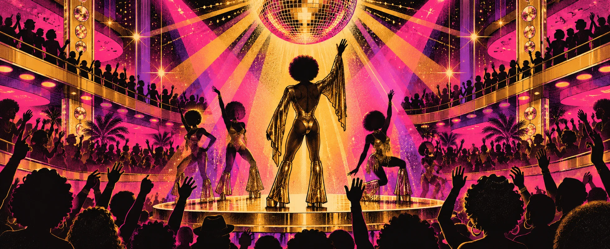 A 1975 disco stage under a giant mirror ball: a figure in a gold lame catsuit stands centre stage with arms raised, flanked by dancers, a cheering crowd silhouetted against pink and gold spotlights.