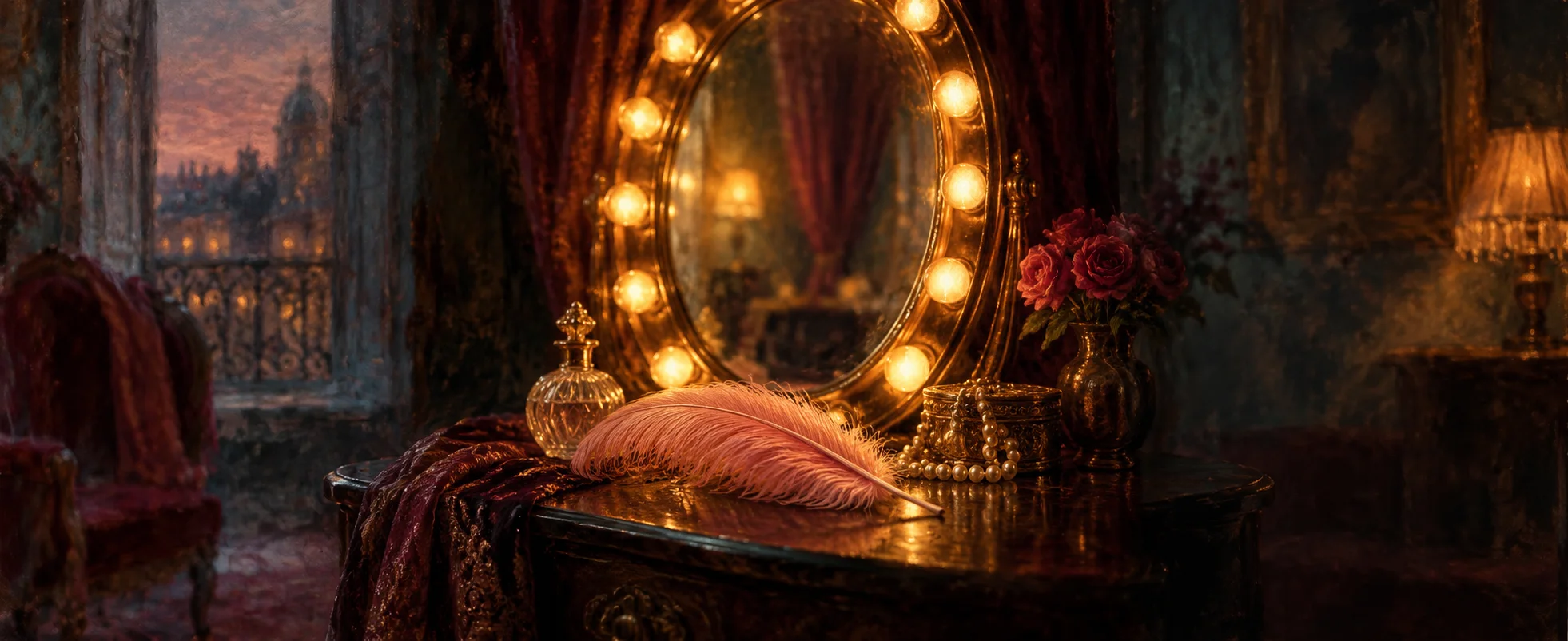 A single rose-coloured feather rests beside an oval mirror rimmed with warm amber dressing-room bulbs.