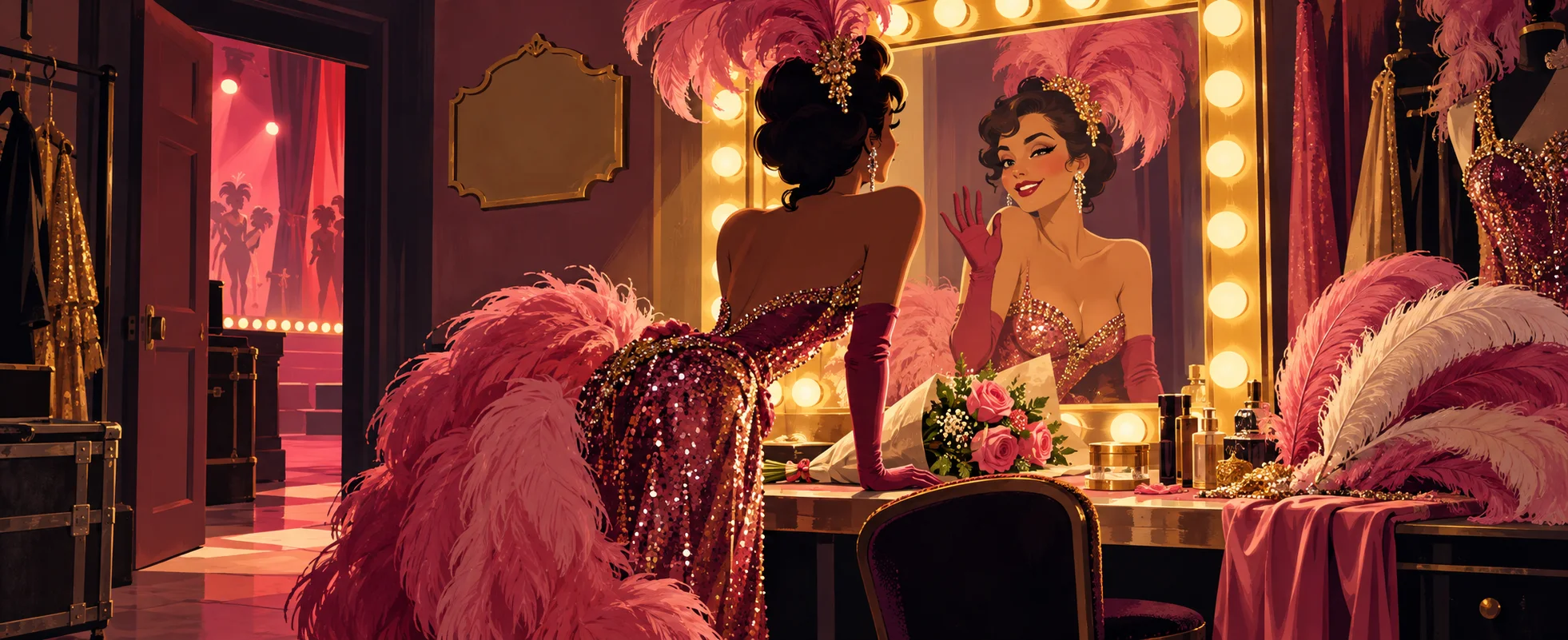 A showgirl in a pink sequinned gown and feathered headdress leans toward a bulb-ringed dressing-room mirror, her reflection winking back.