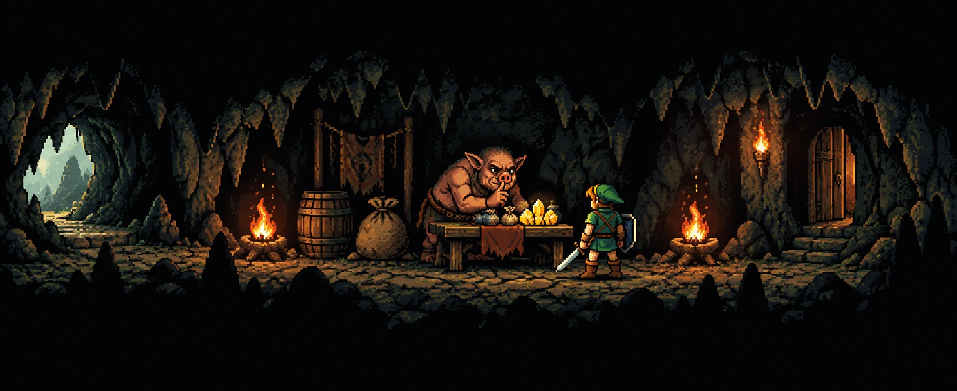 A pig-snouted creature offers rupees across a table between two fires in a dark 8-bit-style cave as a small green-clad hero stands at the entrance.