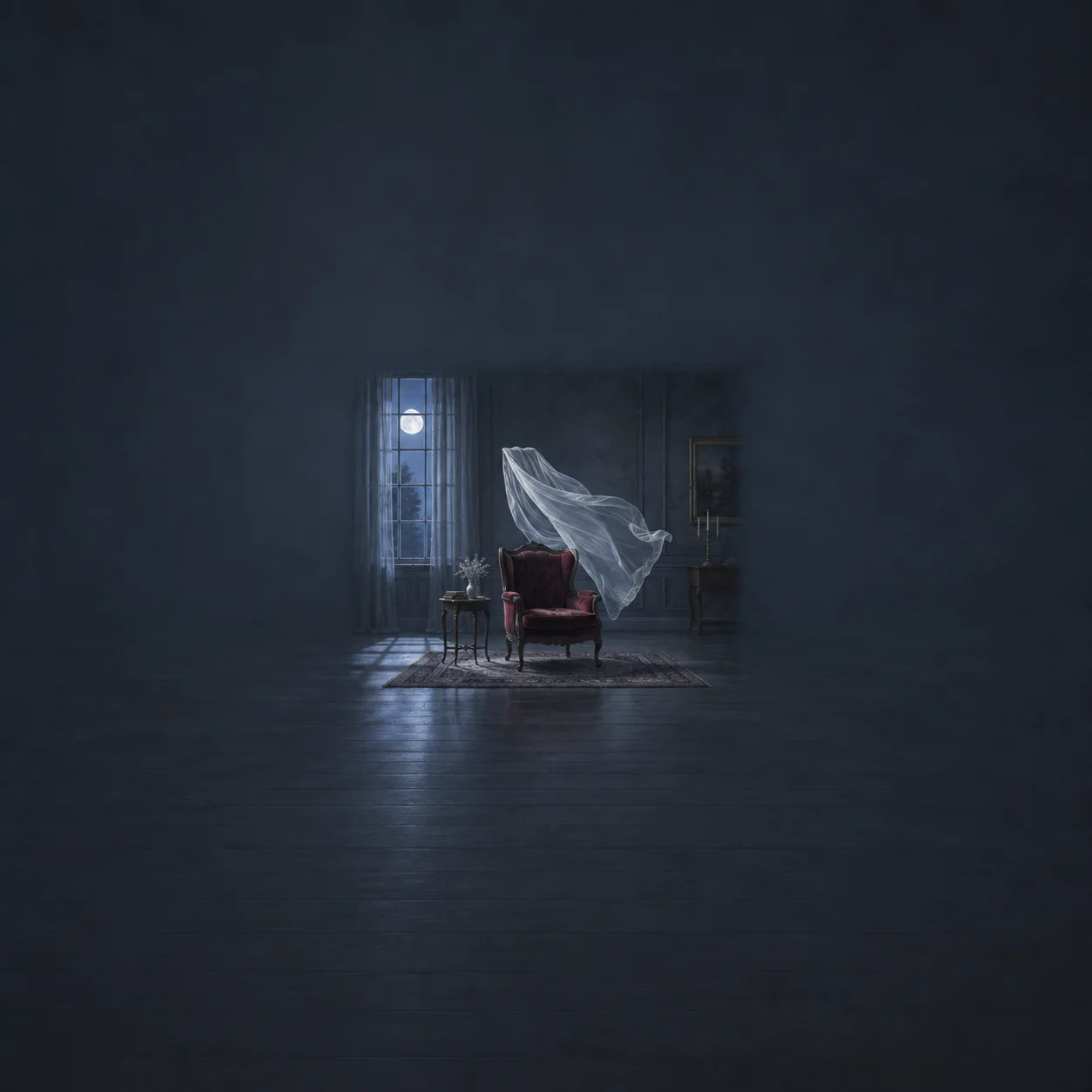 A sheer white cloth floats above an empty red armchair in a dark room lit by moonlight through a tall window.