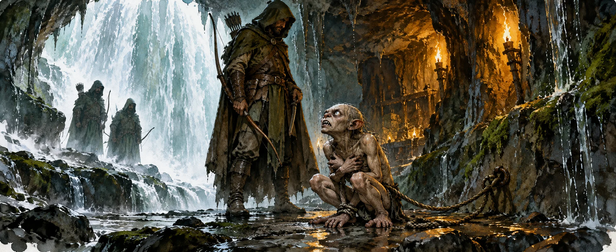 Illustration: in a torchlit cave behind a roaring waterfall, a bound, emaciated Gollum crouches on wet stone looking up at a hooded ranger captain with a longbow, as two cloaked rangers watch from the falls.