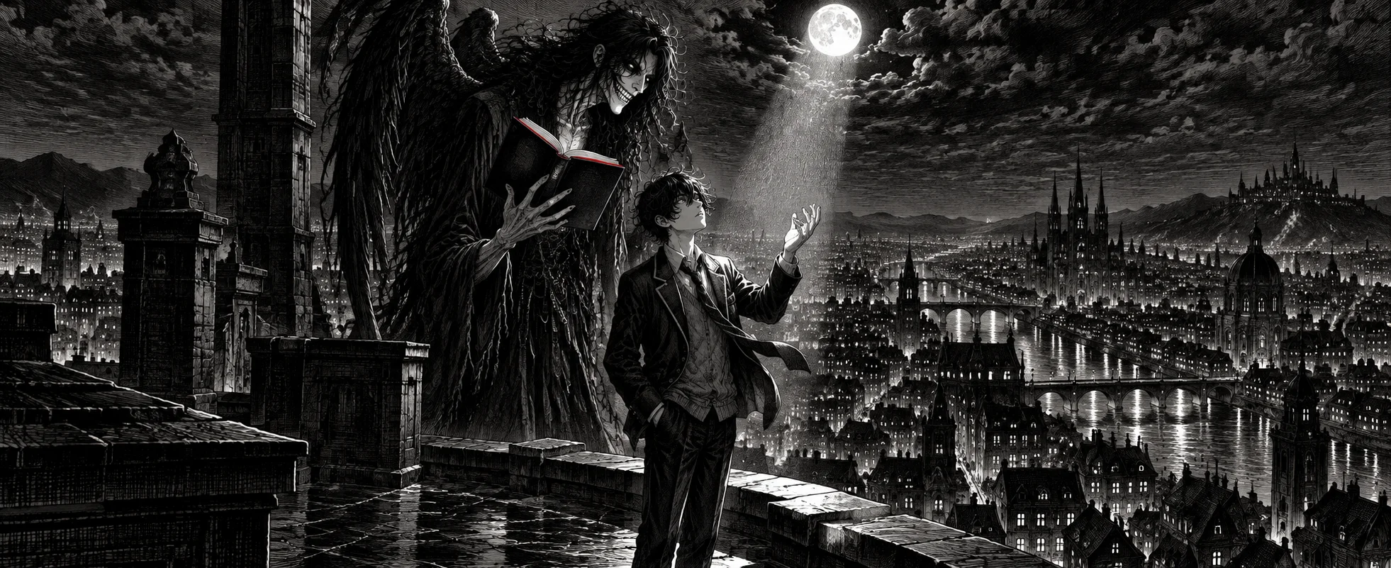 A young man on a rooftop at night reaches toward a looming shadowy death god holding a black notebook.