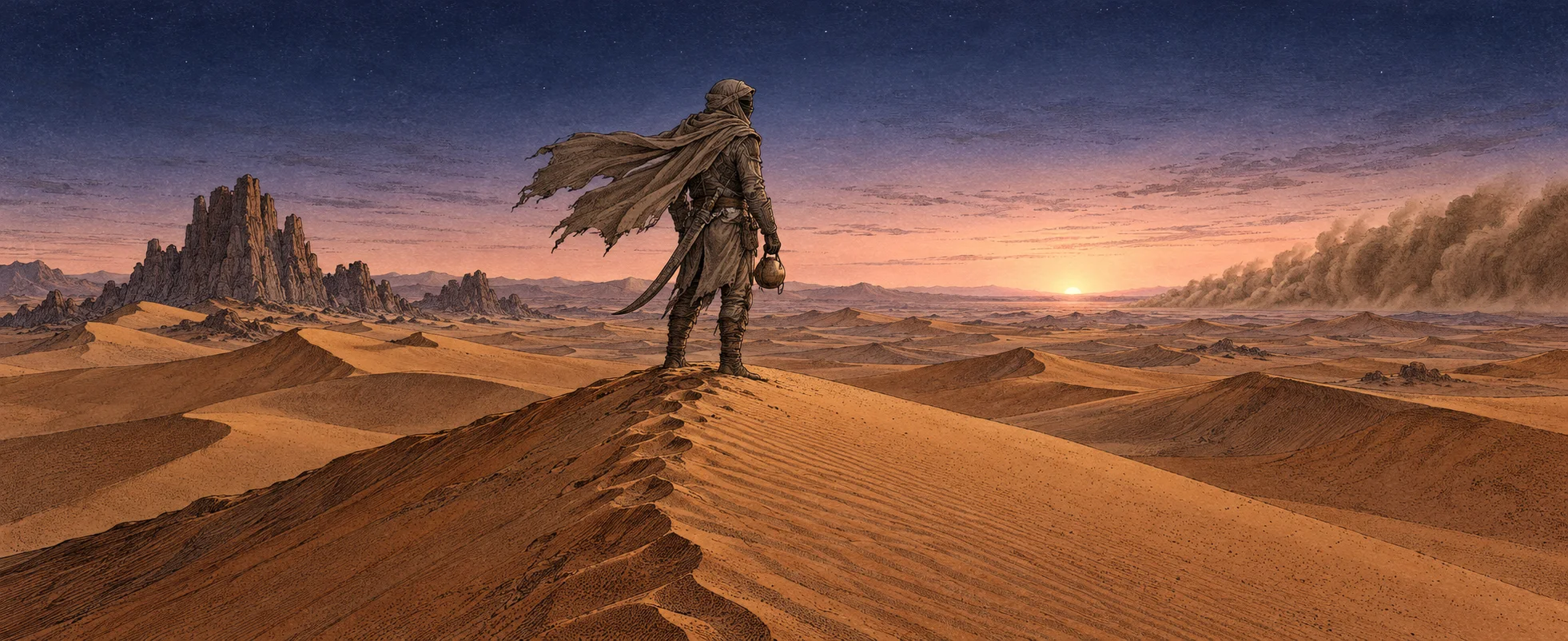 A lone robed desert-dweller in a hooded suit stands on the crest of a high dune at dawn, a sandstorm on the horizon.