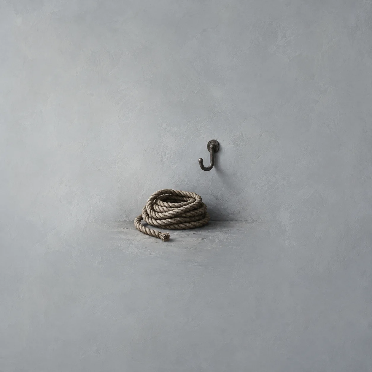 A coil of thick rope rests beneath an empty wall hook against a pale gray background.