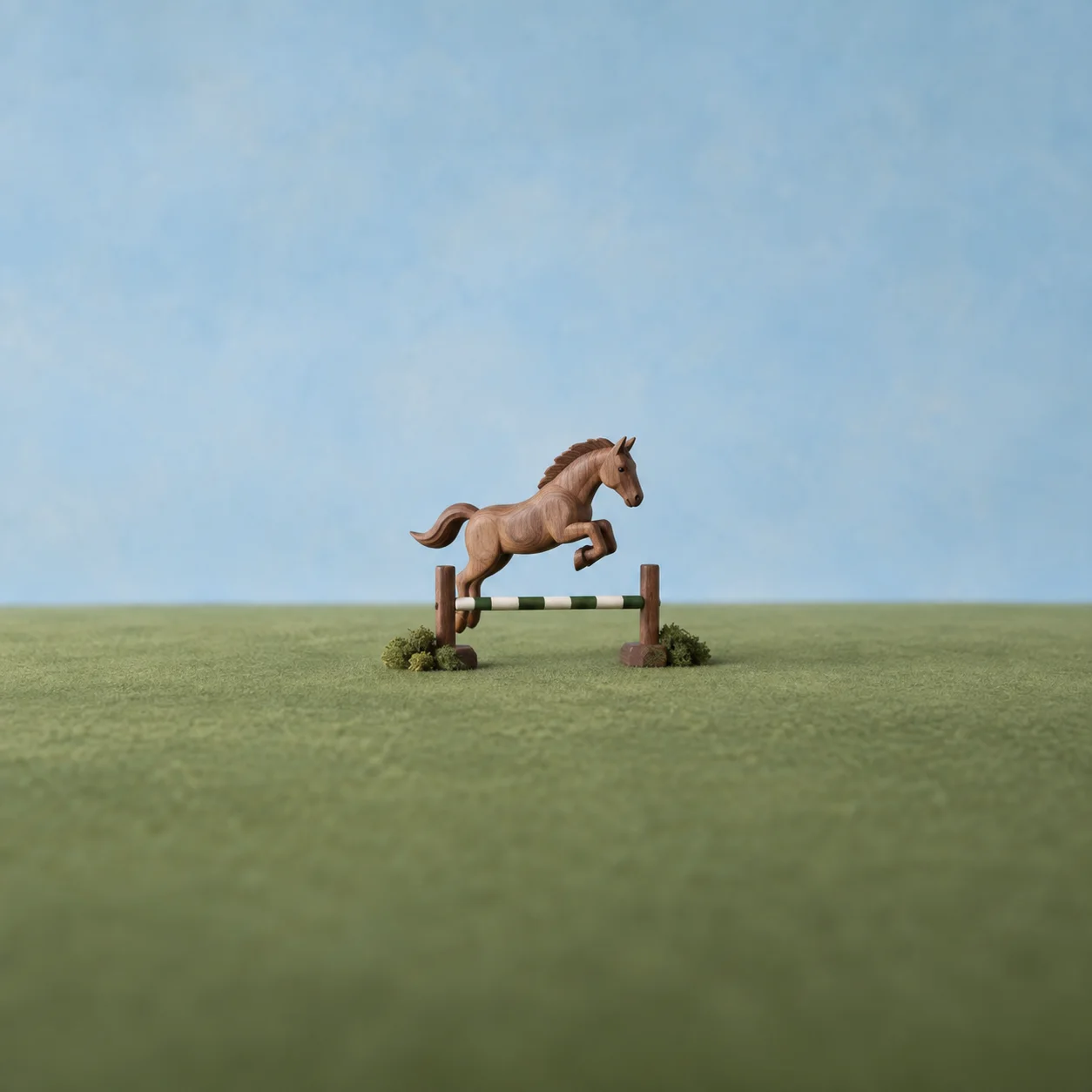 A brown horse figurine leaping over a low striped pole on a green surface.